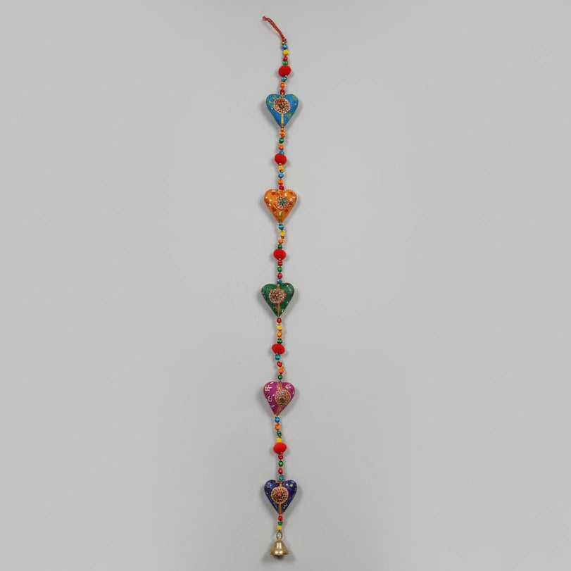 Handmade 3 feet Rajasthani heart-shaped wall hanging with multi-color beads and metal bell.