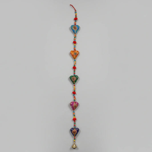 Handmade 3 feet Rajasthani heart-shaped wall hanging with multi-color beads and metal bell.