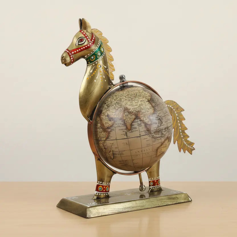 Rajasthani Hand Painted Horse with Rotating World Globe | Metal Table Showpiece | KK Gift Store