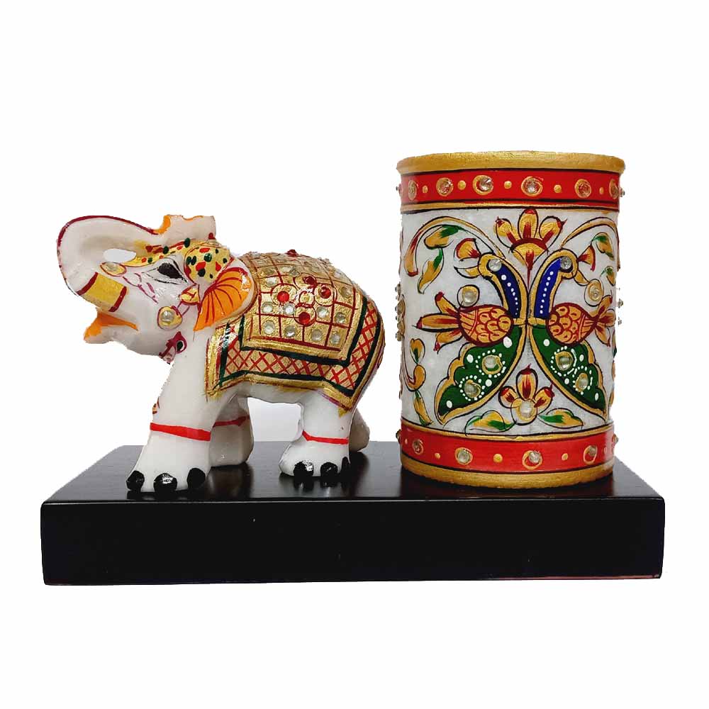 Decorative Marble Pen Stand with Intricate Elephant Sculpture – Ideal Corporate Gift