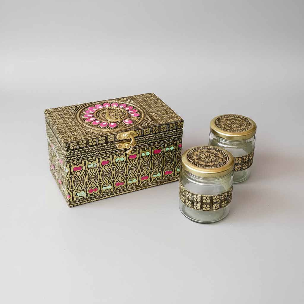Rajasthani metal sheet dry fruit box with glass jars