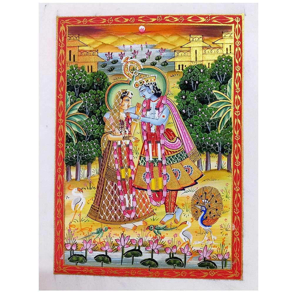 A Rajasthani miniature painting of Radha and Krishna, hand-painted on pure silk.