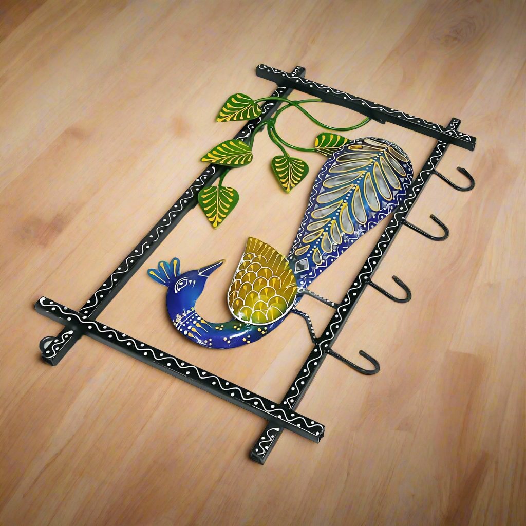 Peacock Design Key Holder for Wall – Durable Iron Construction with Hooks