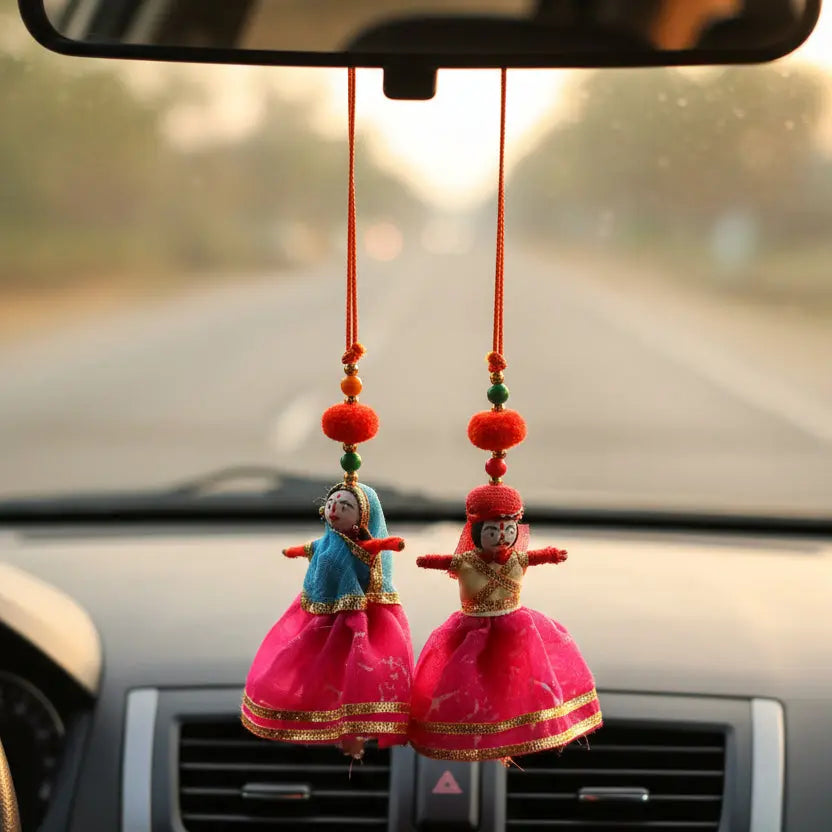 Handmade Rajasthani Fabric Puppet Couple Doll Hanging with Hand-Painted Faces and Gold Border Lehenga — Ethnic Indian Decor