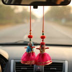 Handmade Rajasthani Fabric Puppet Couple Doll Hanging with Hand-Painted Faces and Gold Border Lehenga — Ethnic Indian Decor