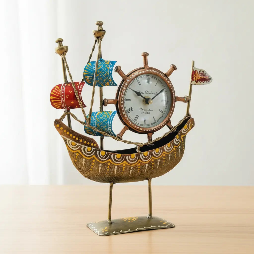 Rajasthani Hand Painted Ship Clock with Roman Numerals | Decorative Metal Table Clock | KK Gift Store