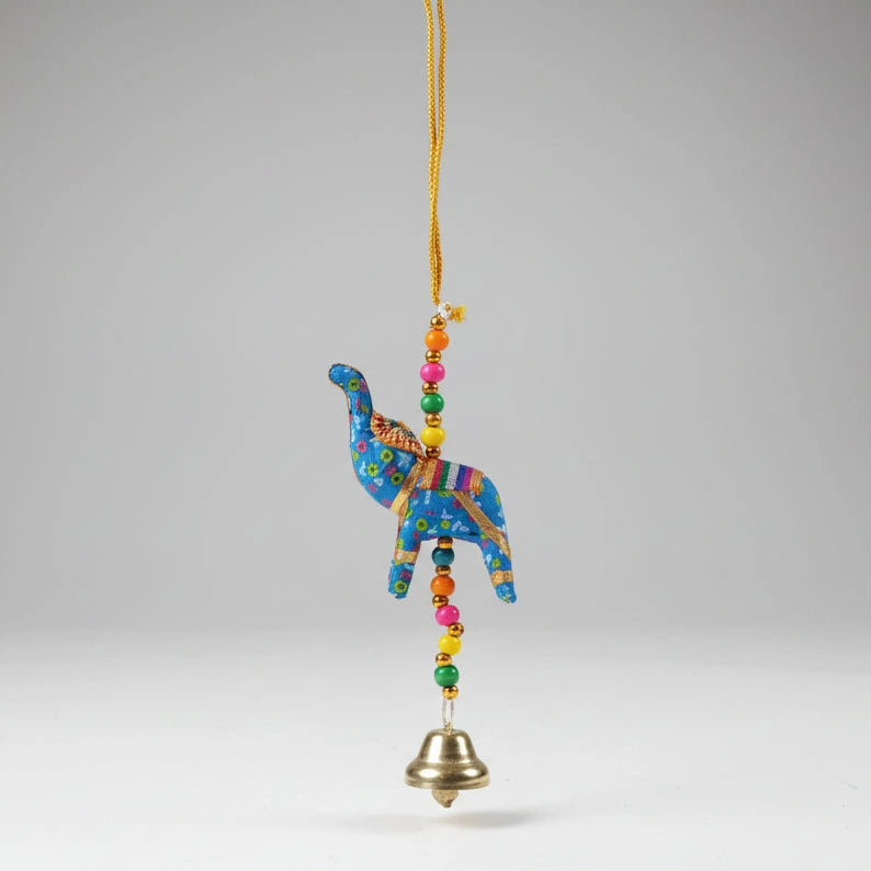 Small handmade Rajasthani single elephant hanging with colorful beads and bell for car mirror or home decor.
