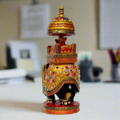 Rajasthani Wooden Ambabari Elephant with royal canopy and floral art.