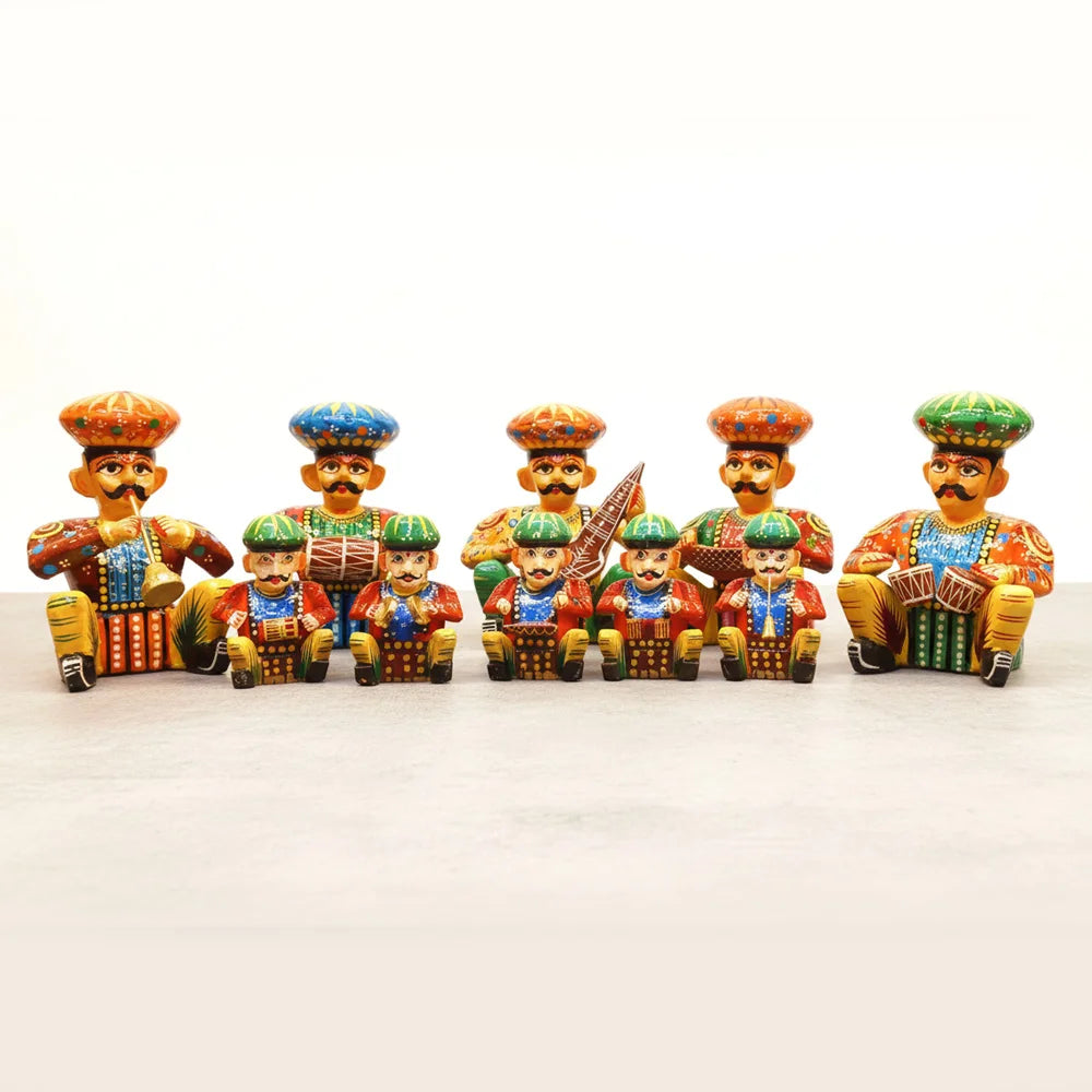 Traditional Rajasthani wooden Babla musician figurine playing sarangi with colorful hand painted details
