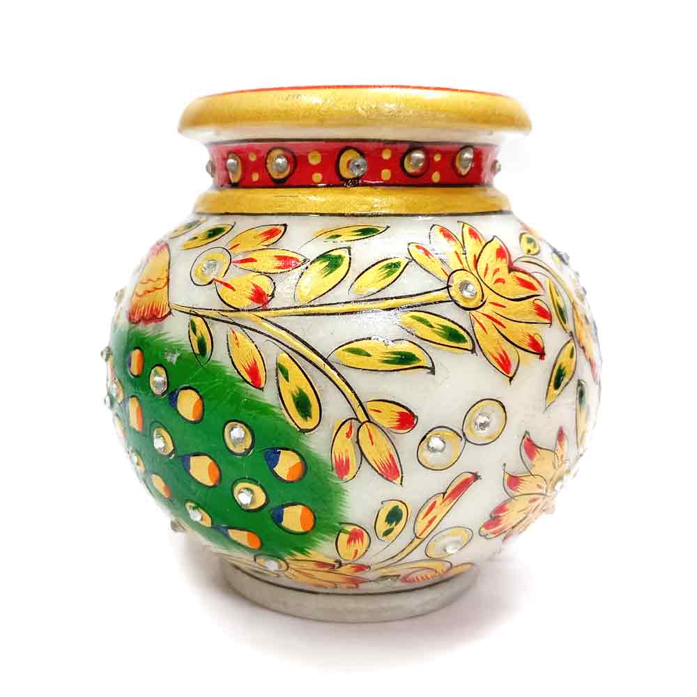 A beautifully carved marble kalash and pot set, perfect as a religious gift.