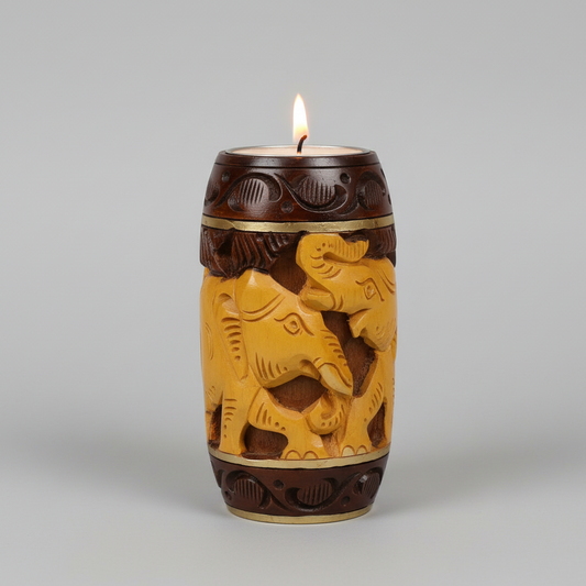 10cm round wooden candle stand with hand-carved elephant and floral motifs.