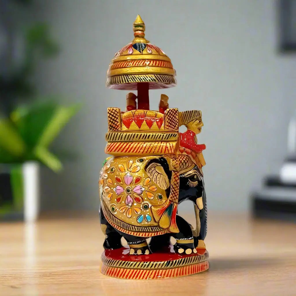 Royal Wooden Ambabari Elephant figurine with colorful floral emboss work.
