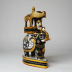 Detailed view of a traditional wooden Ambari palanquin with a seated King and vibrant floral pigments.