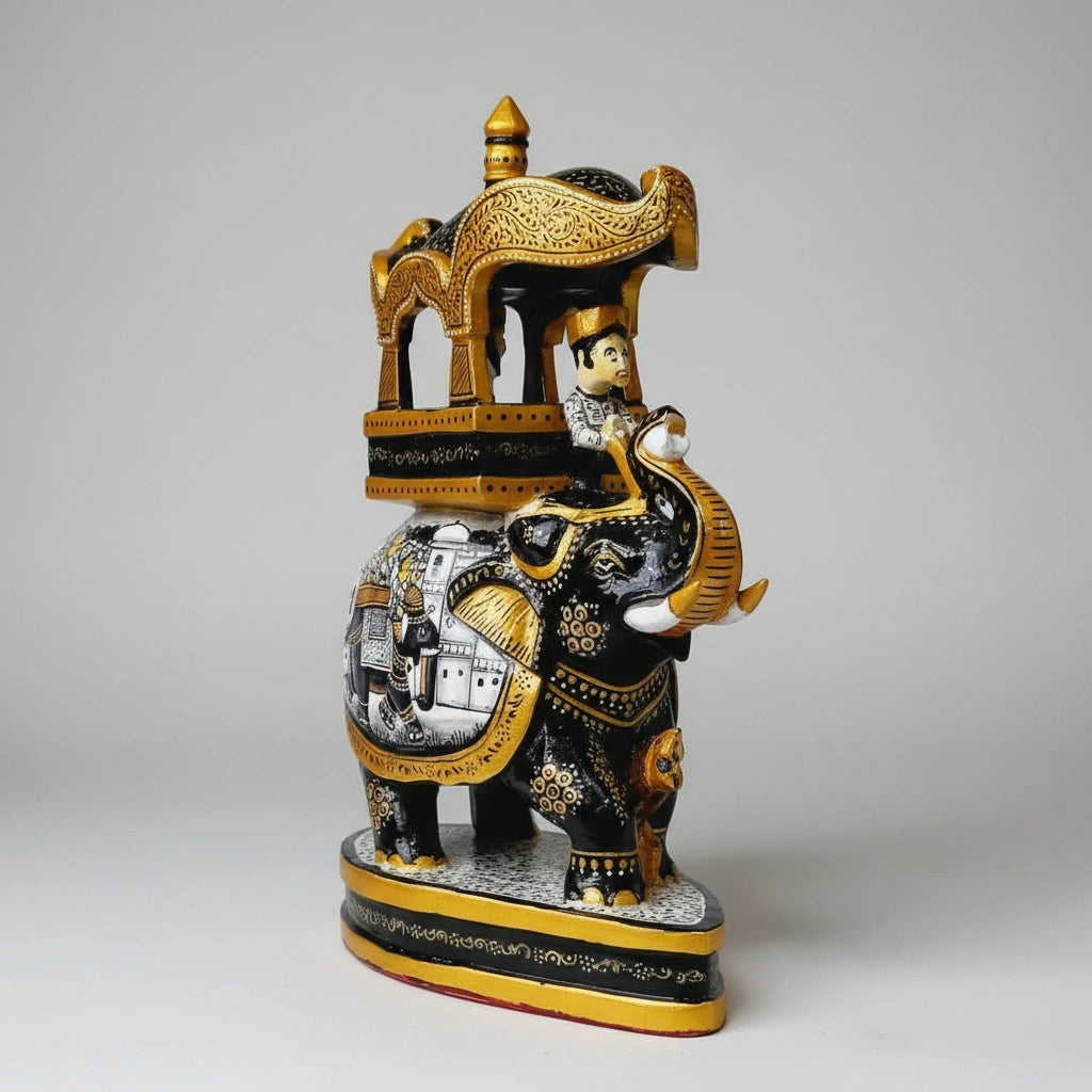 Detailed view of a traditional wooden Ambari palanquin with a seated King and vibrant floral pigments.