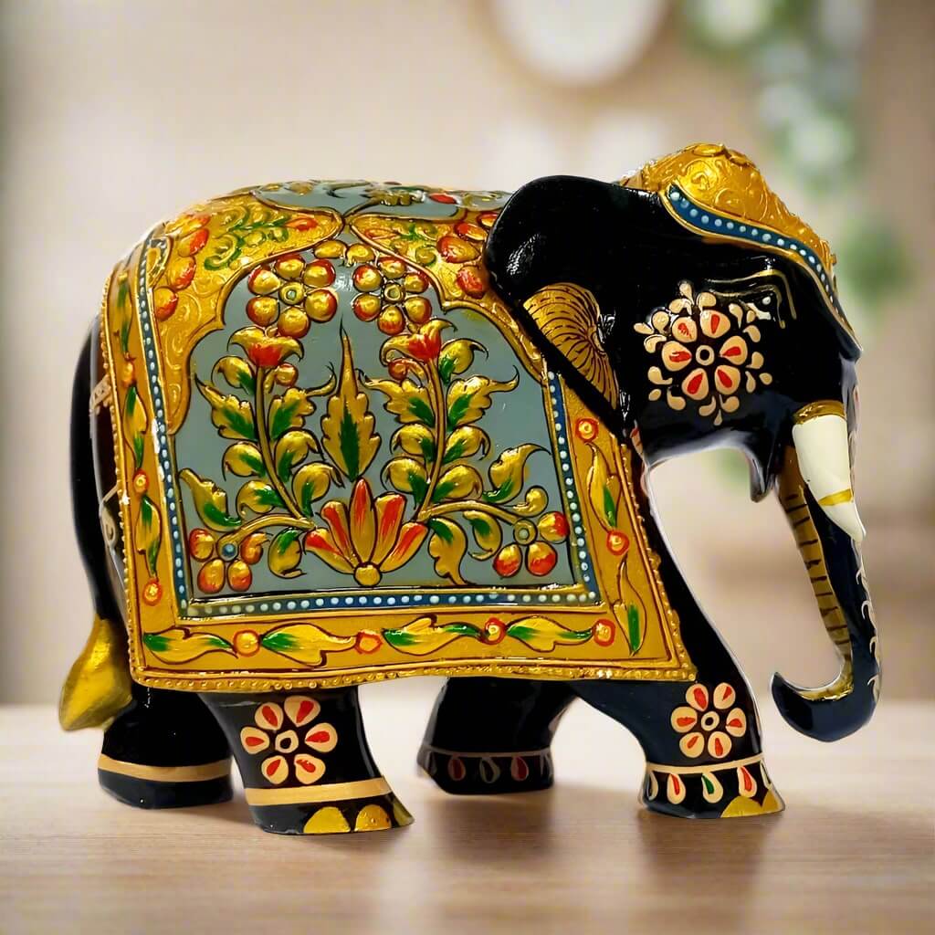 Royal handcrafted wooden elephant showpiece with detailed emboss design