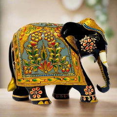 Royal handcrafted wooden elephant showpiece with detailed emboss design