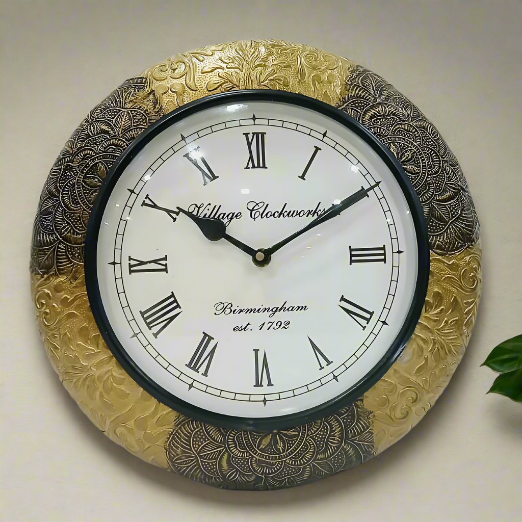 Golden oxidized wooden wall clock for traditional and modern interiors