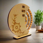 A rustic wooden desk calendar, a perfect decor piece for a home office or living room.
