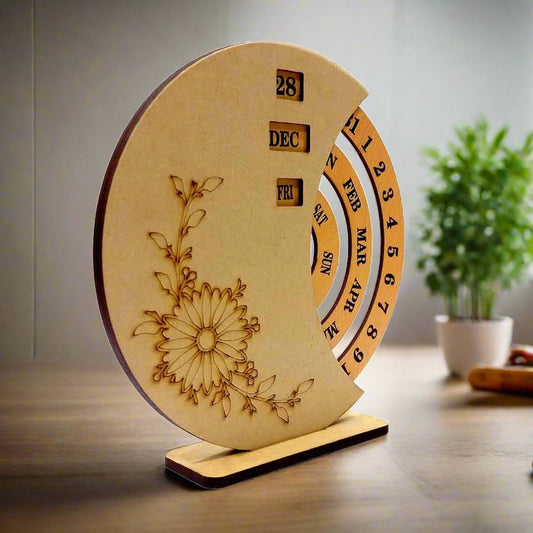 A rustic wooden desk calendar, a perfect decor piece for a home office or living room.