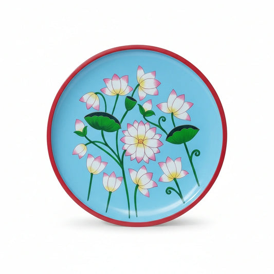 Close-up of the meticulous hand-painted floral patterns and bold borders on a high-quality, warp-resistant seasoned wood decorative plate.