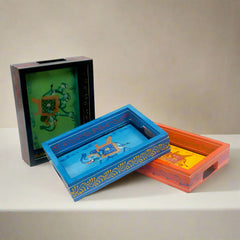 Assorted hand-painted wooden tray for serving and decor