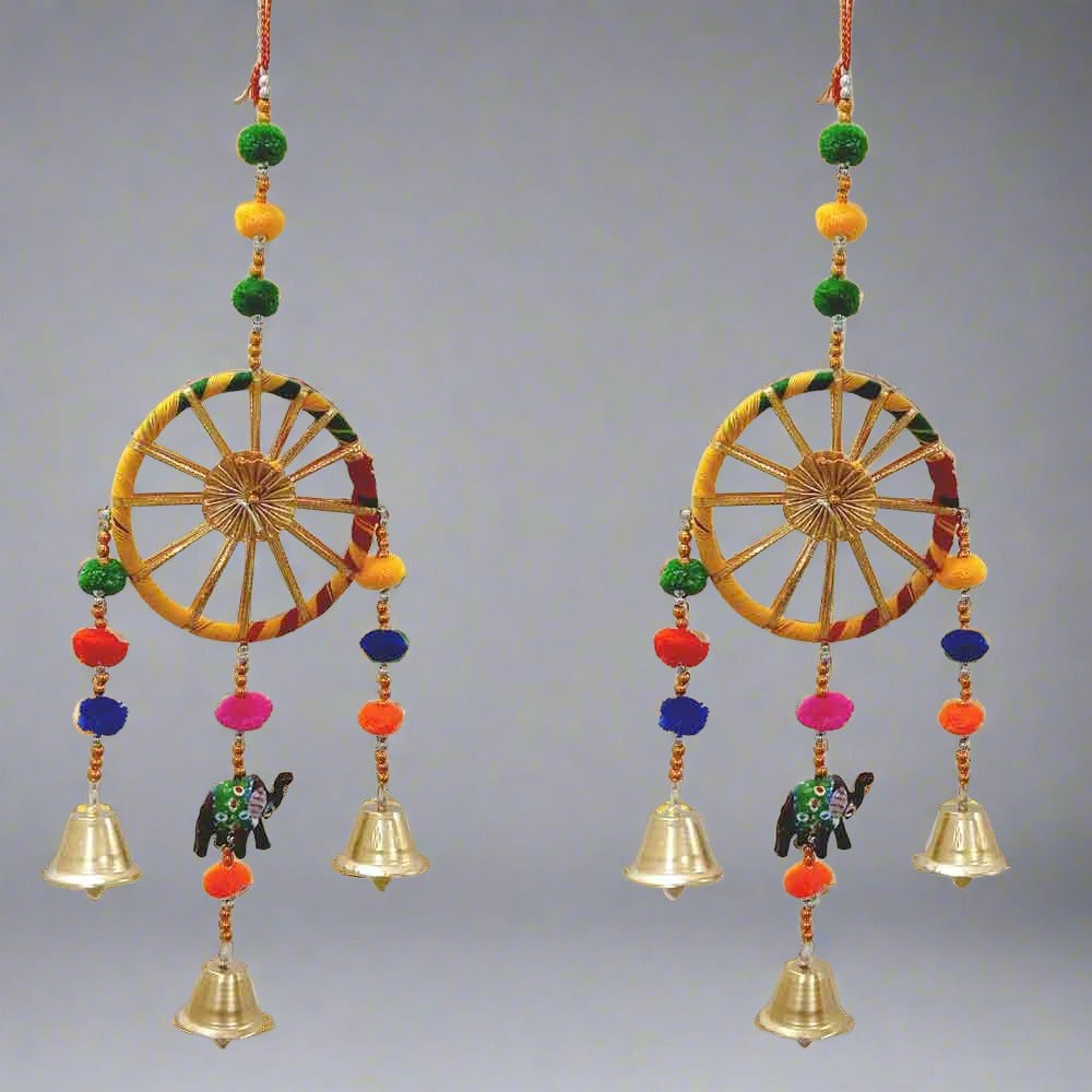 A set of two decorative wall hanging torans, with vibrant colors and designs.