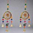 A set of two decorative wall hanging torans, with vibrant colors and designs.