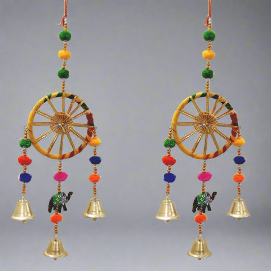 A set of two decorative wall hanging torans, with vibrant colors and designs.