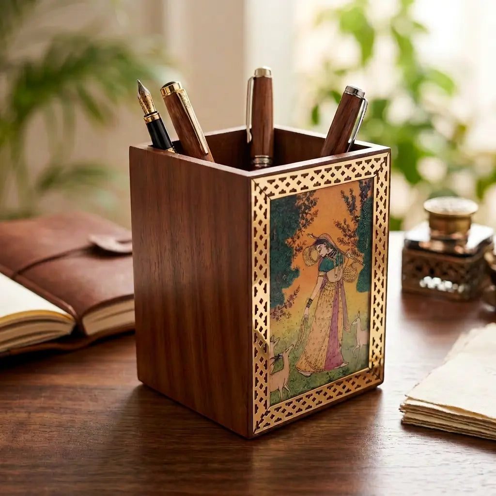 Angled view of a Sheesham wood pen holder showing its wood grain, brass border and Rajasthani gemstone painting, with pens inside.