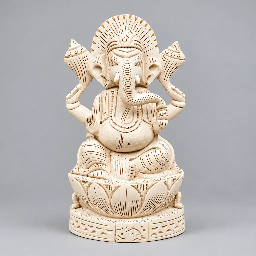 Front view of a Shreeparni wood Ganesha idol seated on a carved lotus base with a detailed crown and four arms