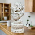 Handcrafted Sevan wood Ganesha statue with lotus design