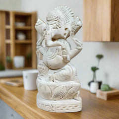 Handcrafted Sevan wood Ganesha statue with lotus design