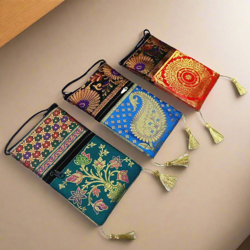 Luxurious silk mobile pouch cover with two zip compartments, assorted colors