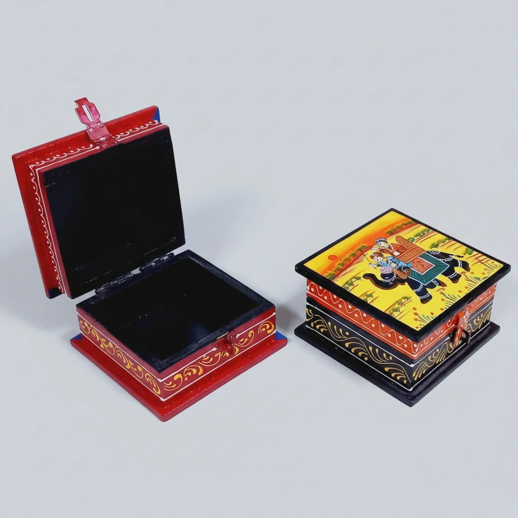 Top-down view of a 10 cm by 10 cm by 6 cm wooden painted jewellery box showing its compact square dimensions.