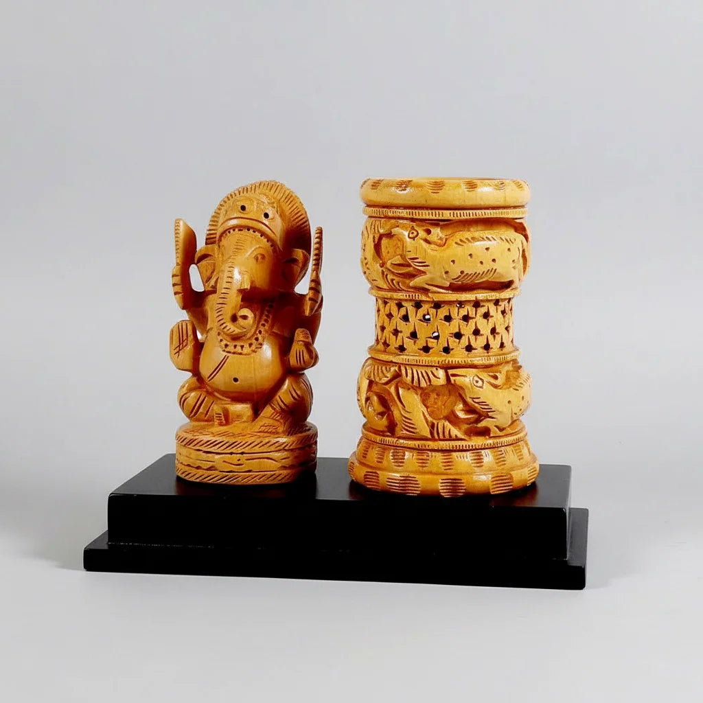 Side view of the 16cm wooden Ganesh pen stand, ideal as an auspicious corporate gift or Diwali return gift.