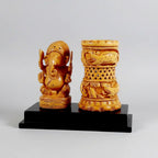 Side view of the 16cm wooden Ganesh pen stand, ideal as an auspicious corporate gift or Diwali return gift.