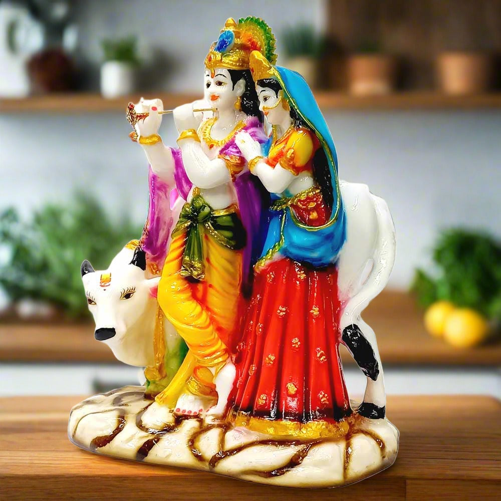 A standing Krishna and Radha showpiece with a cow, a beautiful and divine showpiece.
