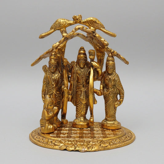 Handcrafted Standing Ram Darbar Statue in metal, front view showing Lord Rama, Sita, Lakshman and Hanuman – 18cm tall Hindu idol for home temple decor.