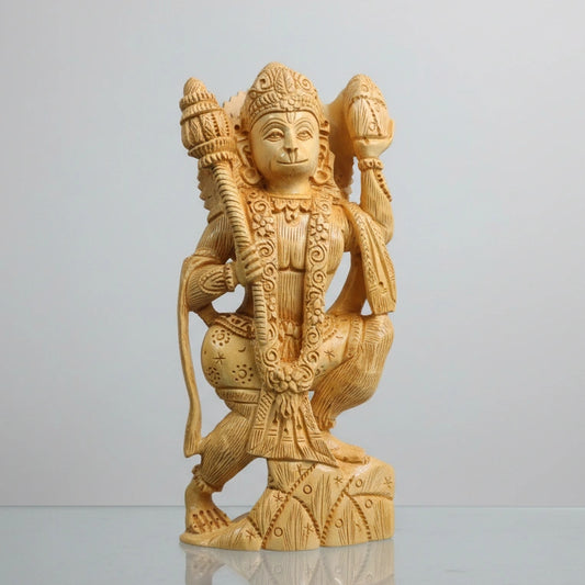 Hand-carved standing wooden Hanuman idol with Gada for home pooja mandir.