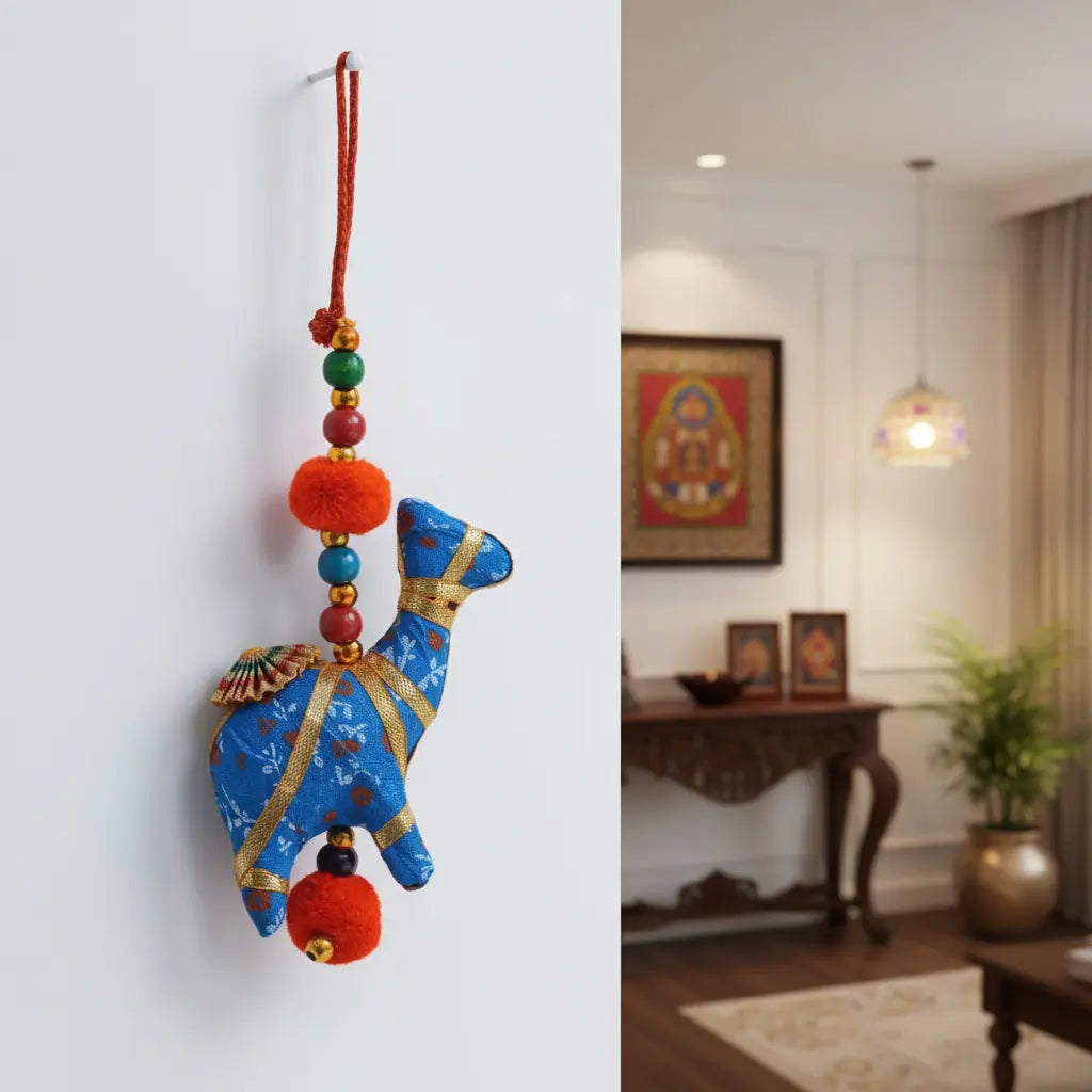 Handmade 3D Stuffed Fabric Camel Hanging with Gold Stripe Detailing, Multicolour Wooden Beads and Red Pom Poms — Ethnic Car and Home Decor