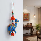 Handmade 3D Stuffed Fabric Camel Hanging with Gold Stripe Detailing, Multicolour Wooden Beads and Red Pom Poms — Ethnic Car and Home Decor