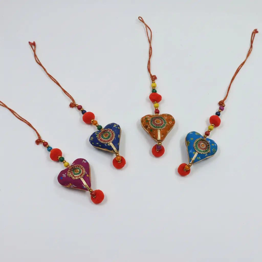 Handmade Stuffed Fabric Heart Hanging with Circular Mandala Lace Patch, Multicolour Wooden Beads and Orange Pom Pom — Ethnic Car and Home Decor