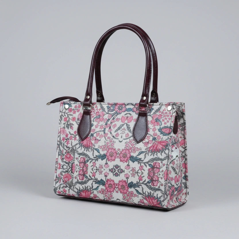 Front view of textured fabric tote bag with high-strength synthetic leather straps.