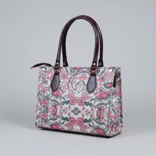 Front view of textured fabric tote bag with high-strength synthetic leather straps.