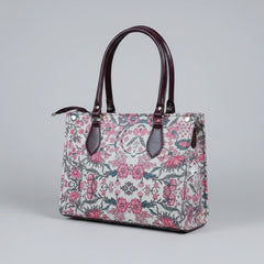 Front view of textured fabric tote bag with high-strength synthetic leather straps.