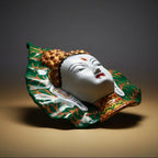Side view of metal Tibetan Buddha wall hanging featuring elegant leaf motif and glossy finish.