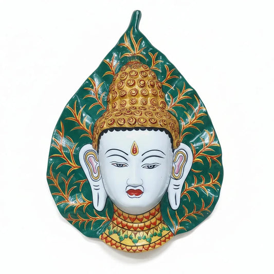 Handcrafted Tibetan Buddha metal wall decor with glossy meenakari enamel on leaf design, 30x22cm spiritual art from Jaipur.