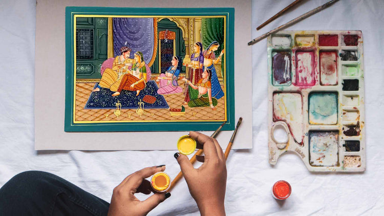 Traditional Rajasthani hand painted silk craft, marble craft, wooden crafts and decor items from KK Gift Store Jaipur, featuring intricate artwork and vibrant colors for gifts and home decoration.