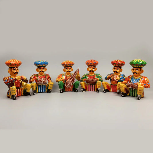 Traditional hand painted Rajasthani musician Babla set with six wooden folk artists wearing colorful safa pagdi turbans