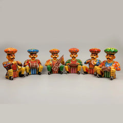 Traditional hand painted Rajasthani musician Babla set with six wooden folk artists wearing colorful safa pagdi turbans